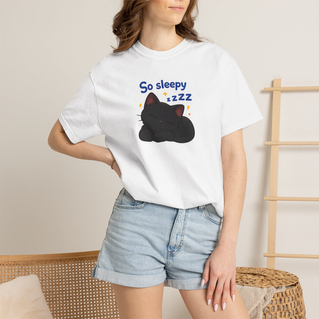 Black cat print T-shirt from Printify featuring a sleep-themed design on a comfortable black fabric.