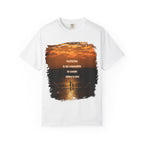 Black T-shirt with the phrase "Gravitation is not responsible for people falling in love" printed in white, from Printify.
