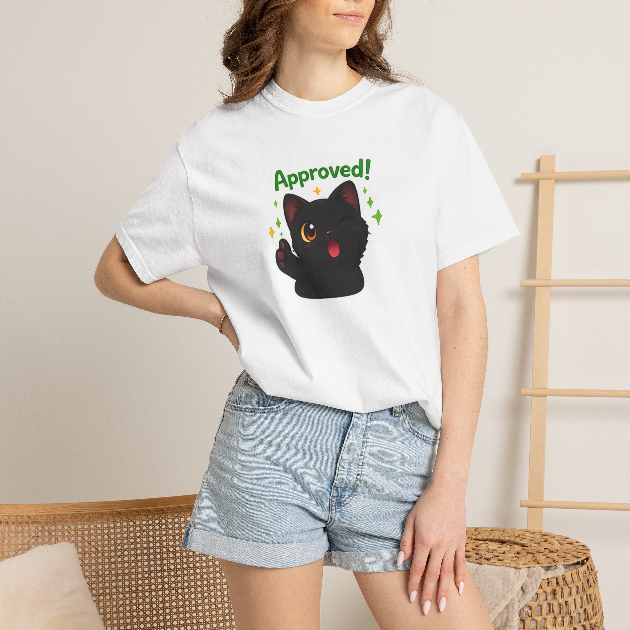 Black cat t-shirt by Printify featuring a cute cat graphic, casual crew neck style, perfect for everyday wear.