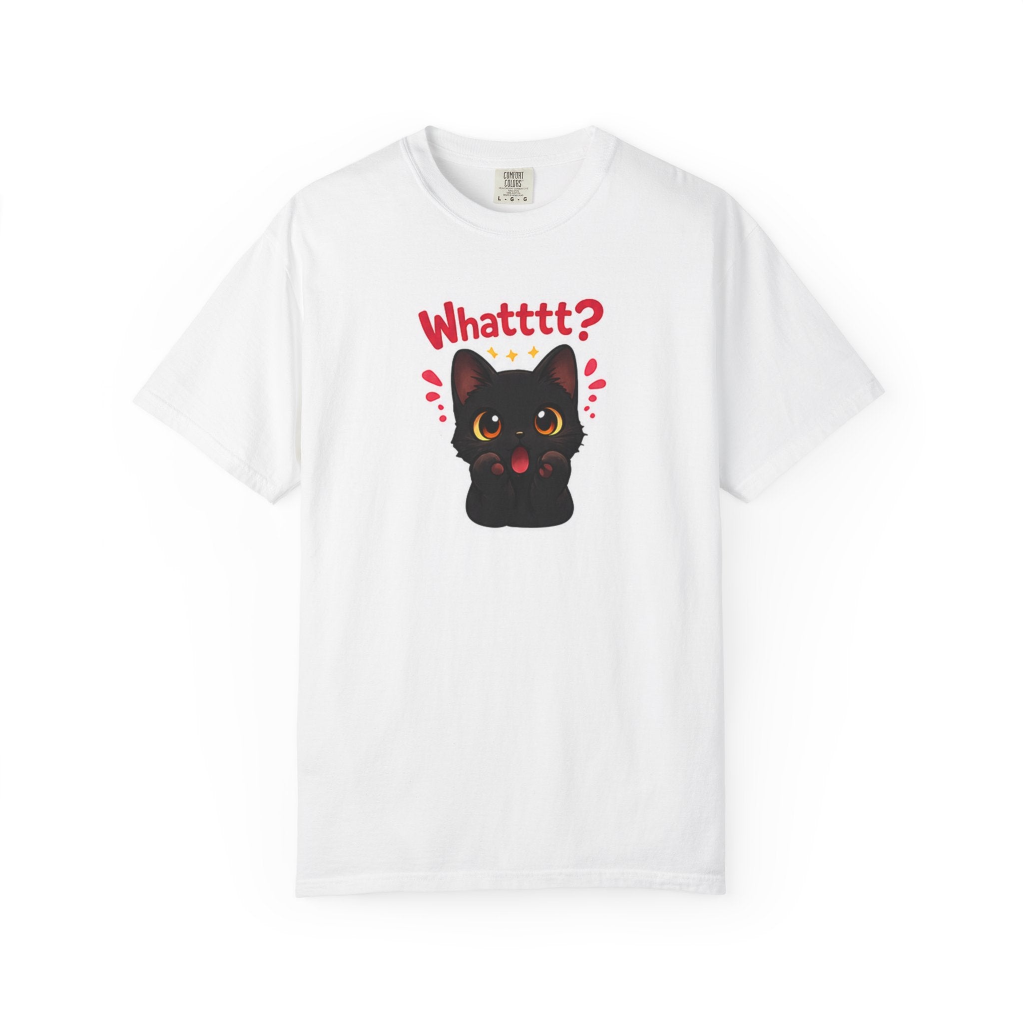 Black cat graphic T-shirt from Printify featuring a cute, kawaii cat design on a black cotton tee.