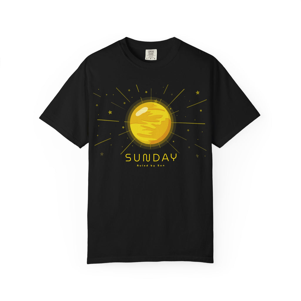 Sun-themed Sunday ruled by Sun T-shirt by Printify featuring a bold sun graphic on a comfortable cotton T-shirt.