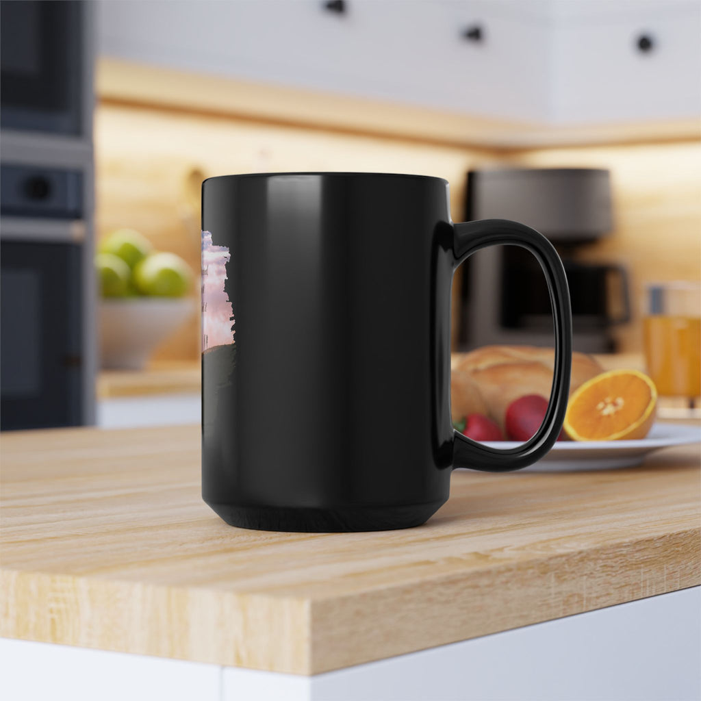 Black Printify mug with the quote "Love is like the wind, you can't see it but you can feel it" printed on the surface.