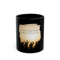 Black ceramic mug with a printed quote: "A friend is someone who knows all about you and still loves you," by Printify.
