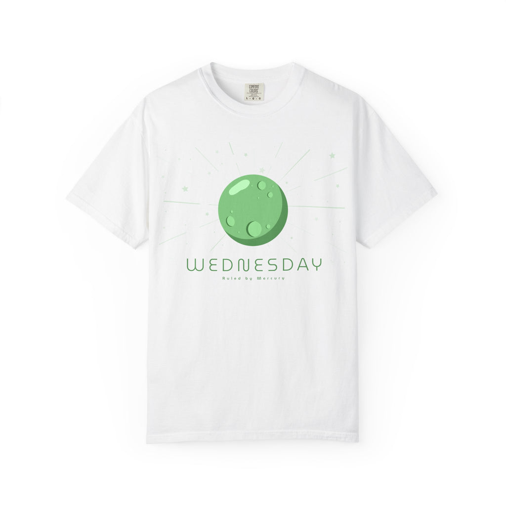 Wednesday ruled by Mercury T-shirt by Printify featuring a stylish graphic print on a casual cotton T-shirt.