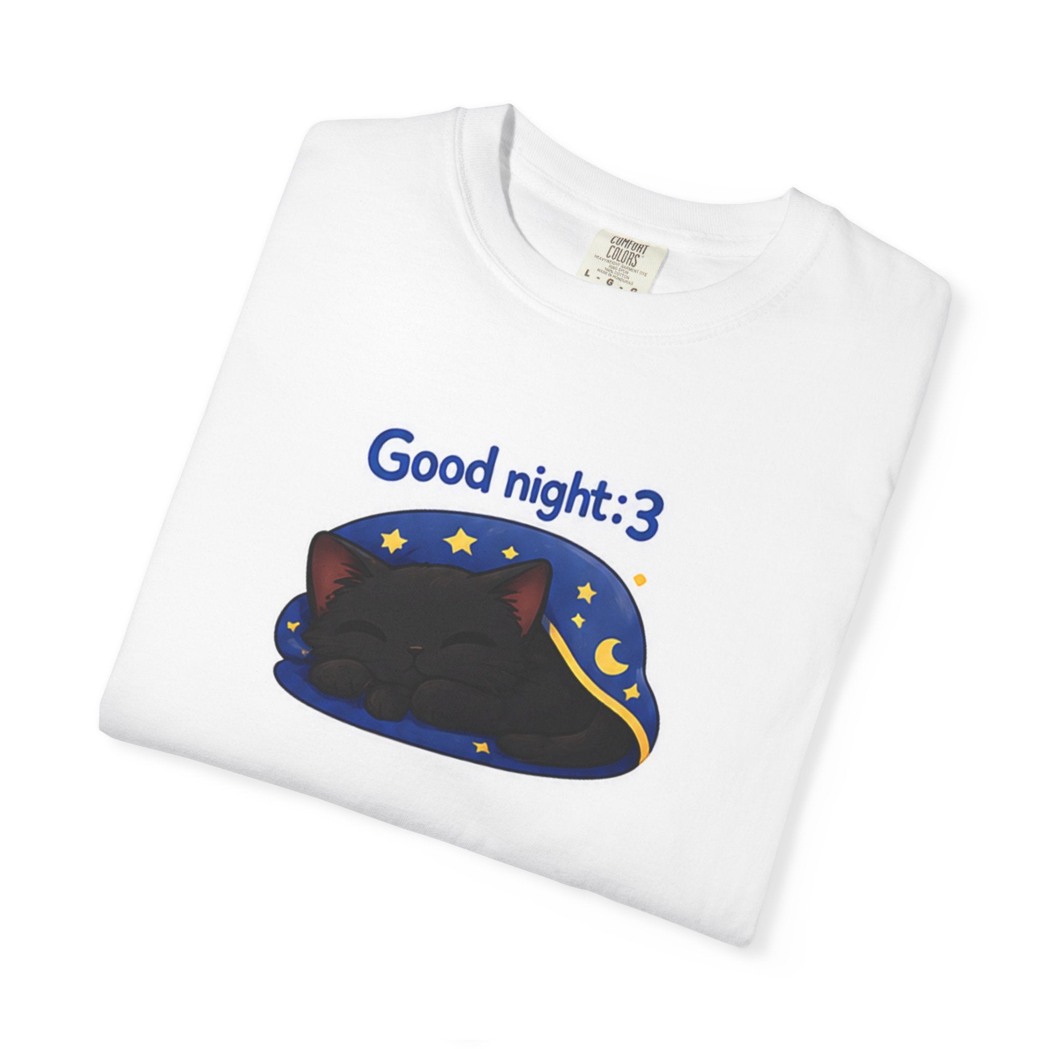 Black cat graphic T-shirt by Printify featuring a "Good Night!" design, casual cotton shirt with a dark background and feline illustration.