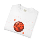 Red T-shirt featuring Mars symbolism, from Printify's Tuesday ruled by Mars collection, with lunar and planetary print details.