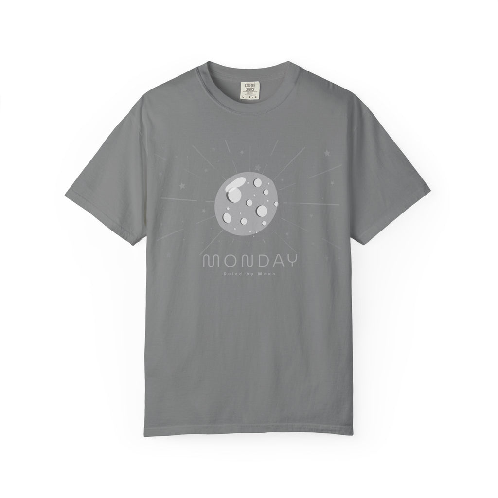 White Monday ruled by Moon T-shirt by Printify featuring celestial moon design on front for casual wear.