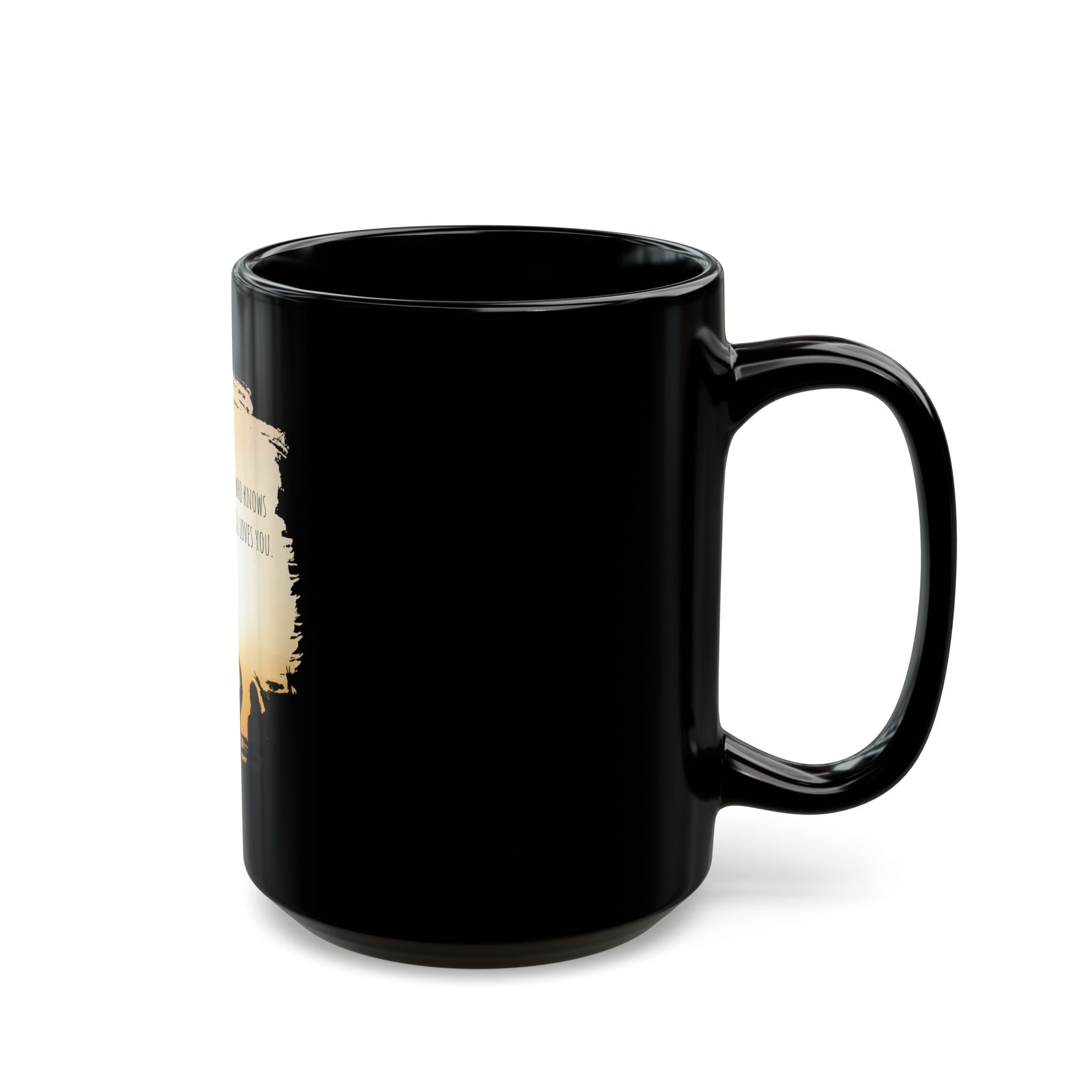 Black ceramic mug with a printed quote: "A friend is someone who knows all about you and still loves you" by Printify.