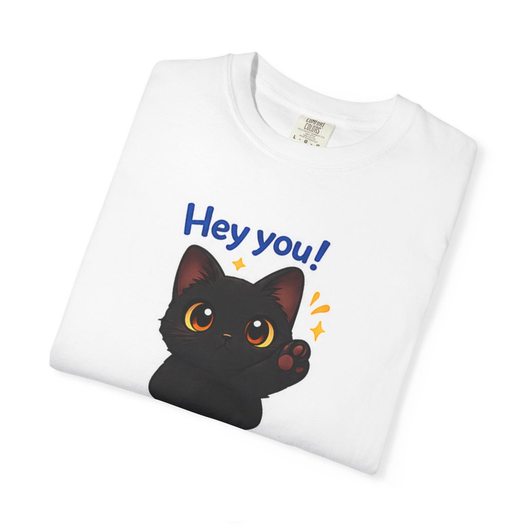 Black cat T-shirt from Printify featuring a playful cat graphic on a casual black cotton T-shirt.