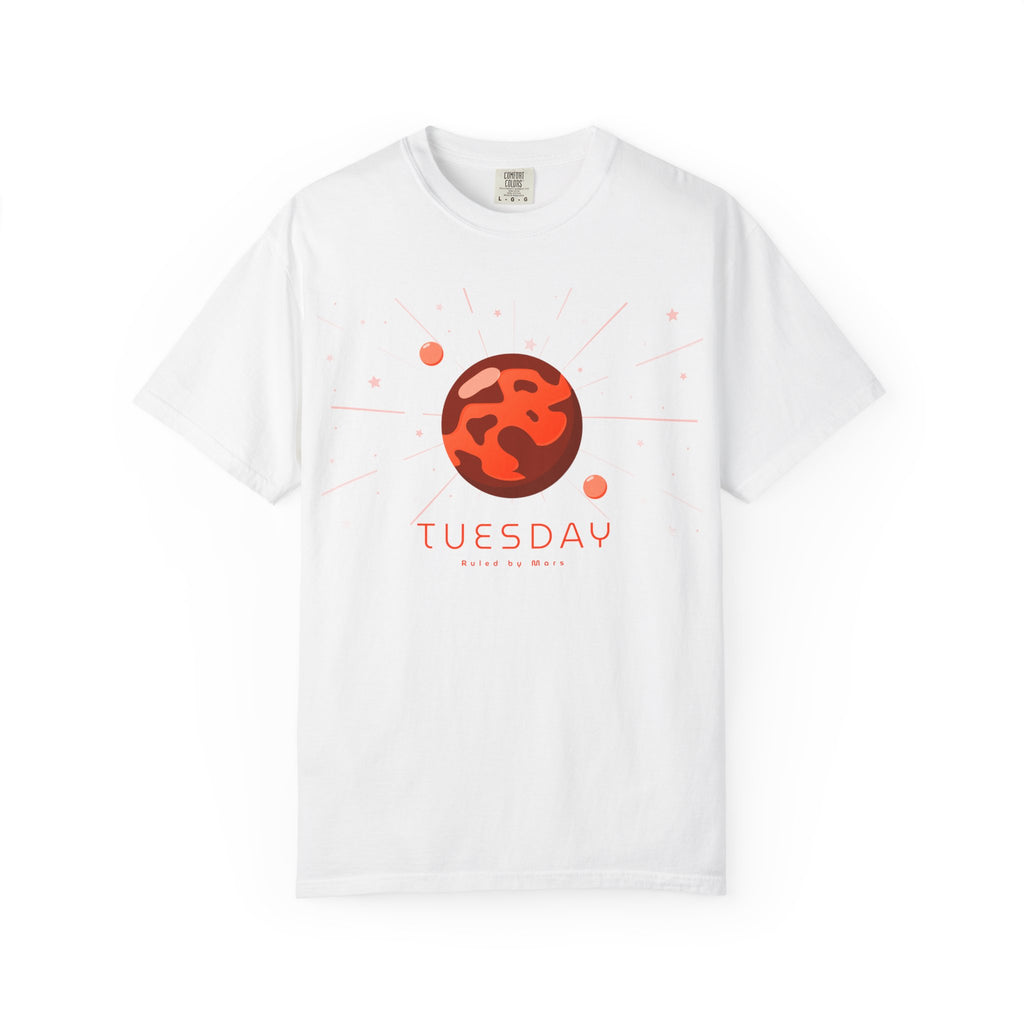 Red Tuesday ruled by Mars T-shirt by Printify, featuring bold planetary graphic and casual fit on a white background.