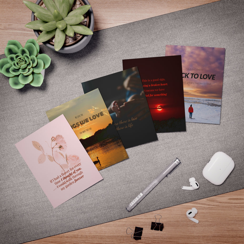 Set of 5 motivational greeting cards from Printify featuring inspiring quotes on high-quality paper, ideal for uplifting messages.