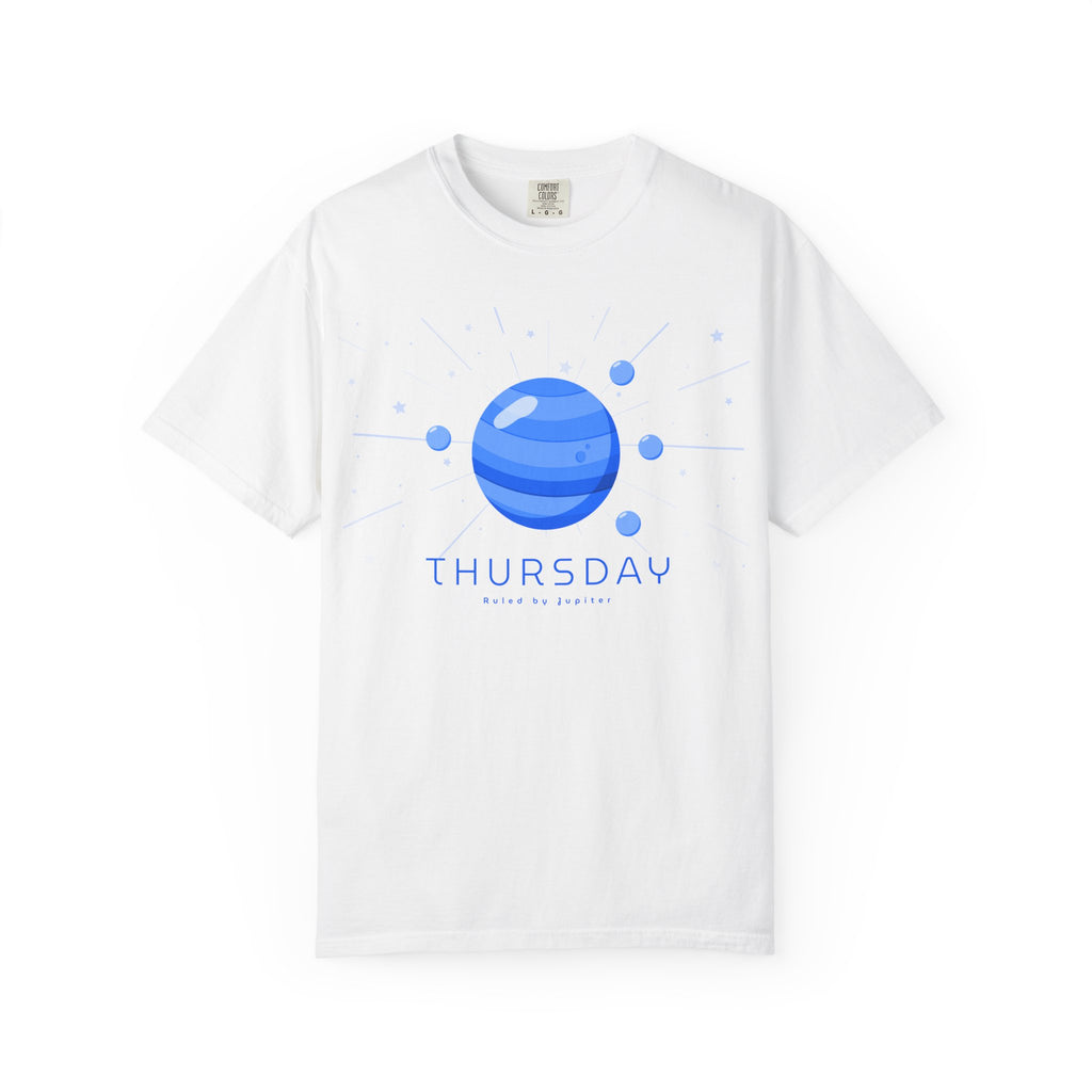 Thursday ruled by Jupiter T-shirt from Printify featuring a celestial design with planets and stars on soft fabric.