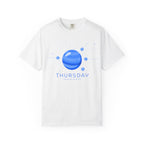 Thursday ruled by Jupiter T-shirt from Printify featuring a celestial design with planets and stars on soft fabric.