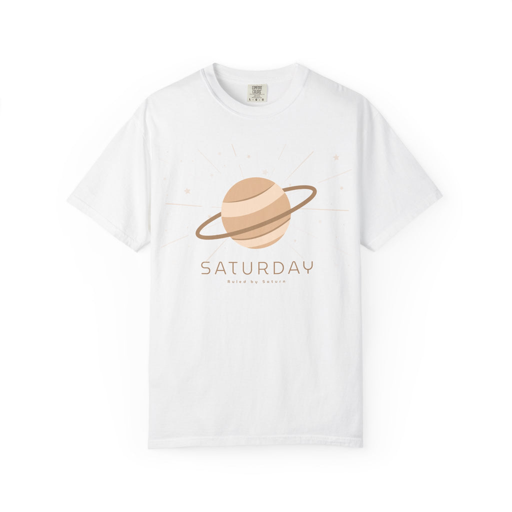 Black Saturday ruled by Saturn T-shirt with celestial Saturn graphic and astrology-themed design, printed by Printify.