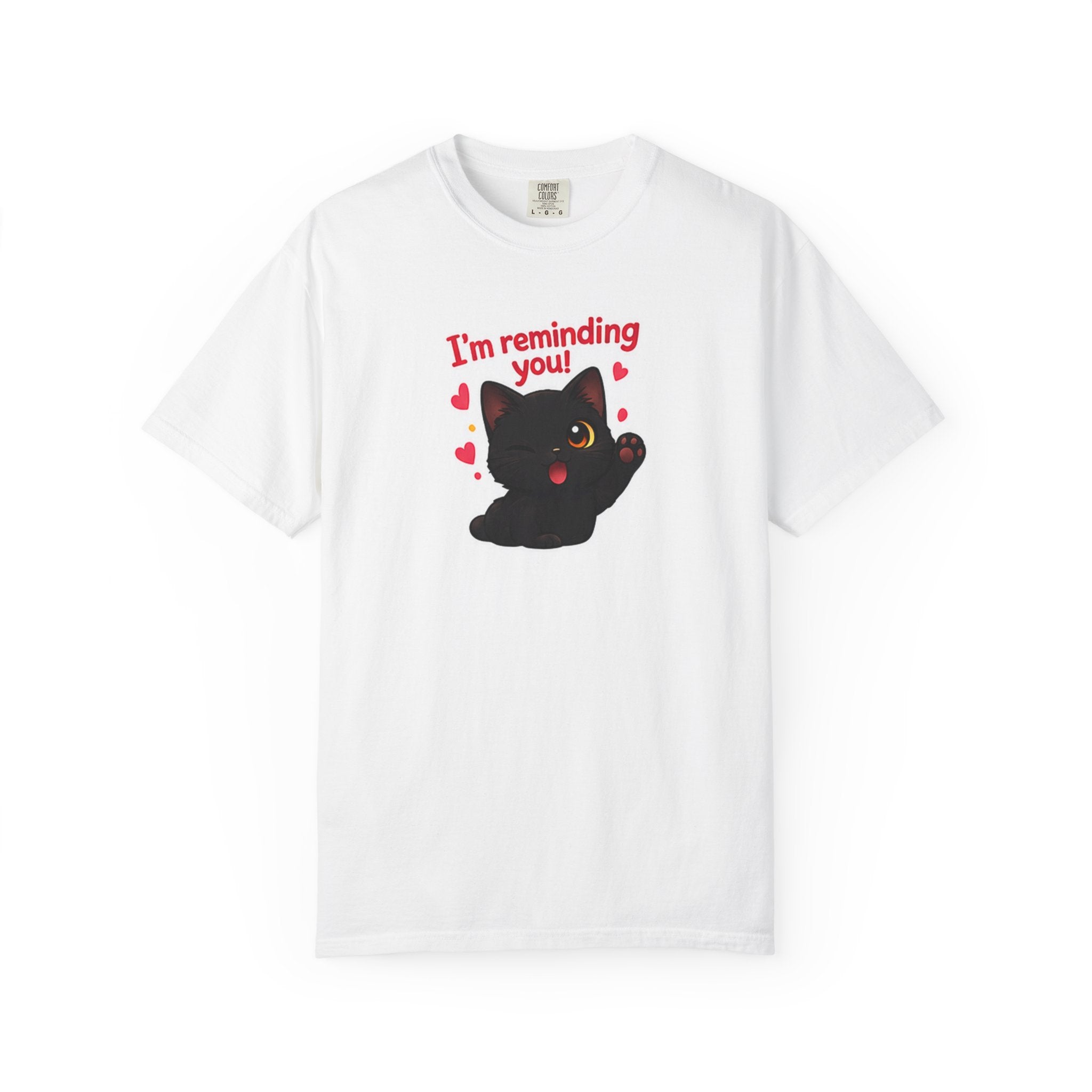 Black kitten T-shirt with "I’m Reminding You" print, featuring a cute kitten graphic on a casual black T-shirt by Printify.
