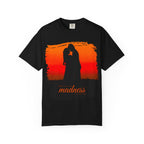 Black T-shirt with printed quote "When love is not madness it is not love" by Printify, featuring a casual fit and soft fabric.