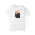 Black cat T-shirt by Printify featuring a cute "Good Morning!" design, shown on a comfortable, casual tee.