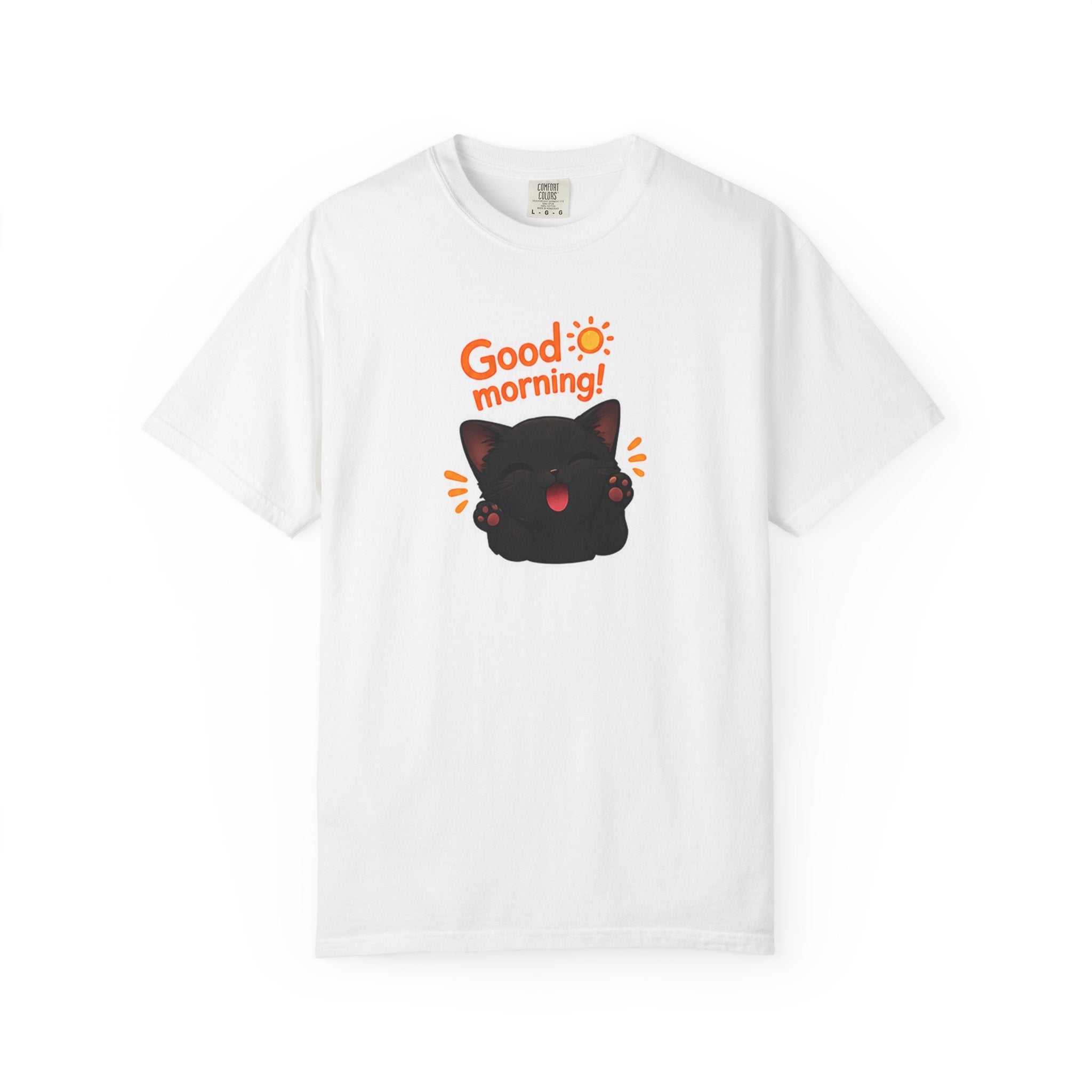 Black cat T-shirt by Printify featuring a cute "Good Morning!" design, shown on a comfortable, casual tee.