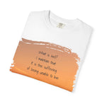 Black T-shirt with printed quote "What is hell? I maintain that it is the suffering of being unable to love" by Printify.