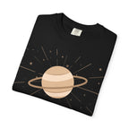 Black Saturday ruled by Saturn T-shirt by Printify featuring celestial print of Saturn and astrological symbols.