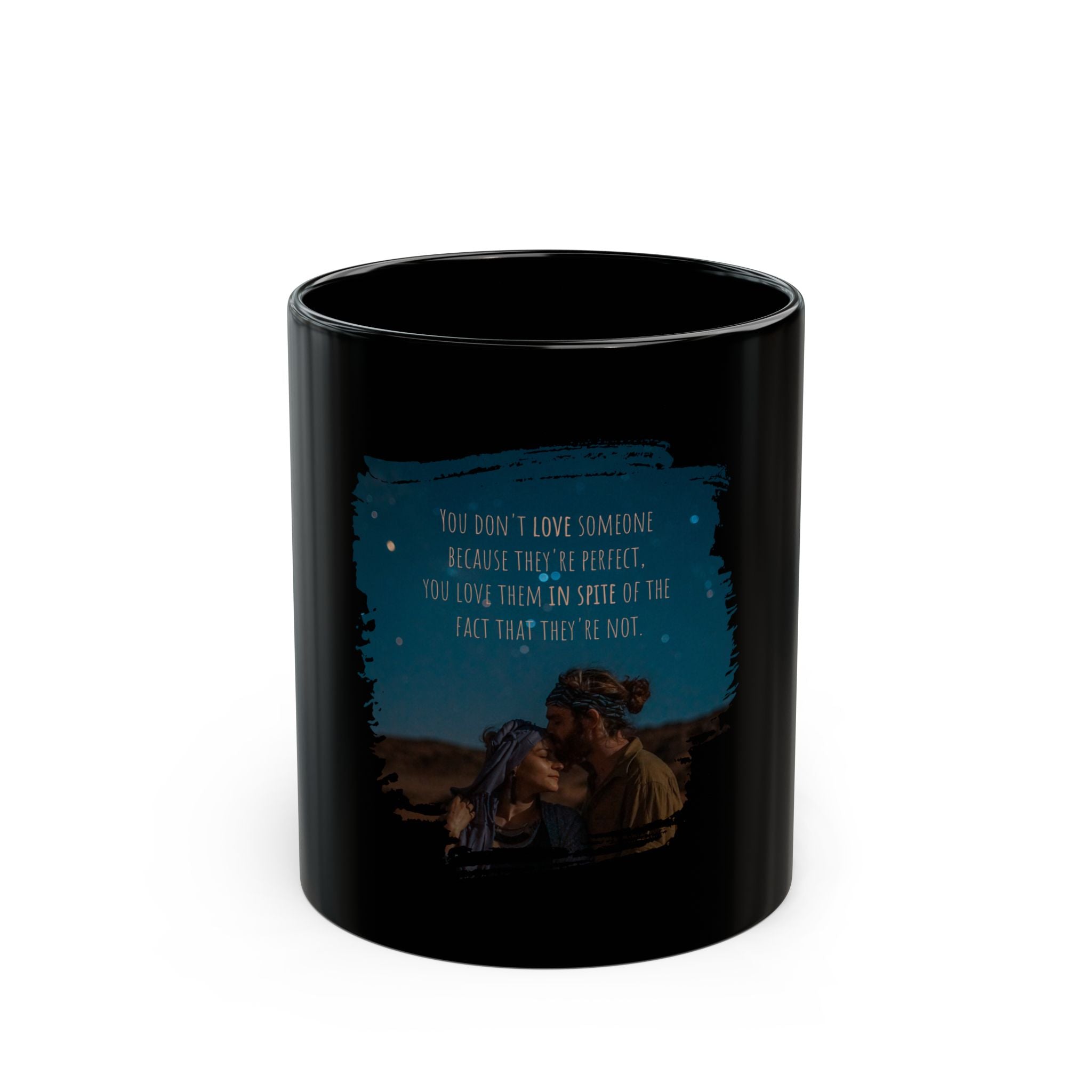 Black ceramic mug featuring a heartfelt quote about love, ideal for gifting or daily use.