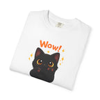 Black cat T-shirt by Printify featuring a cute cat graphic on a casual black cotton T-shirt.