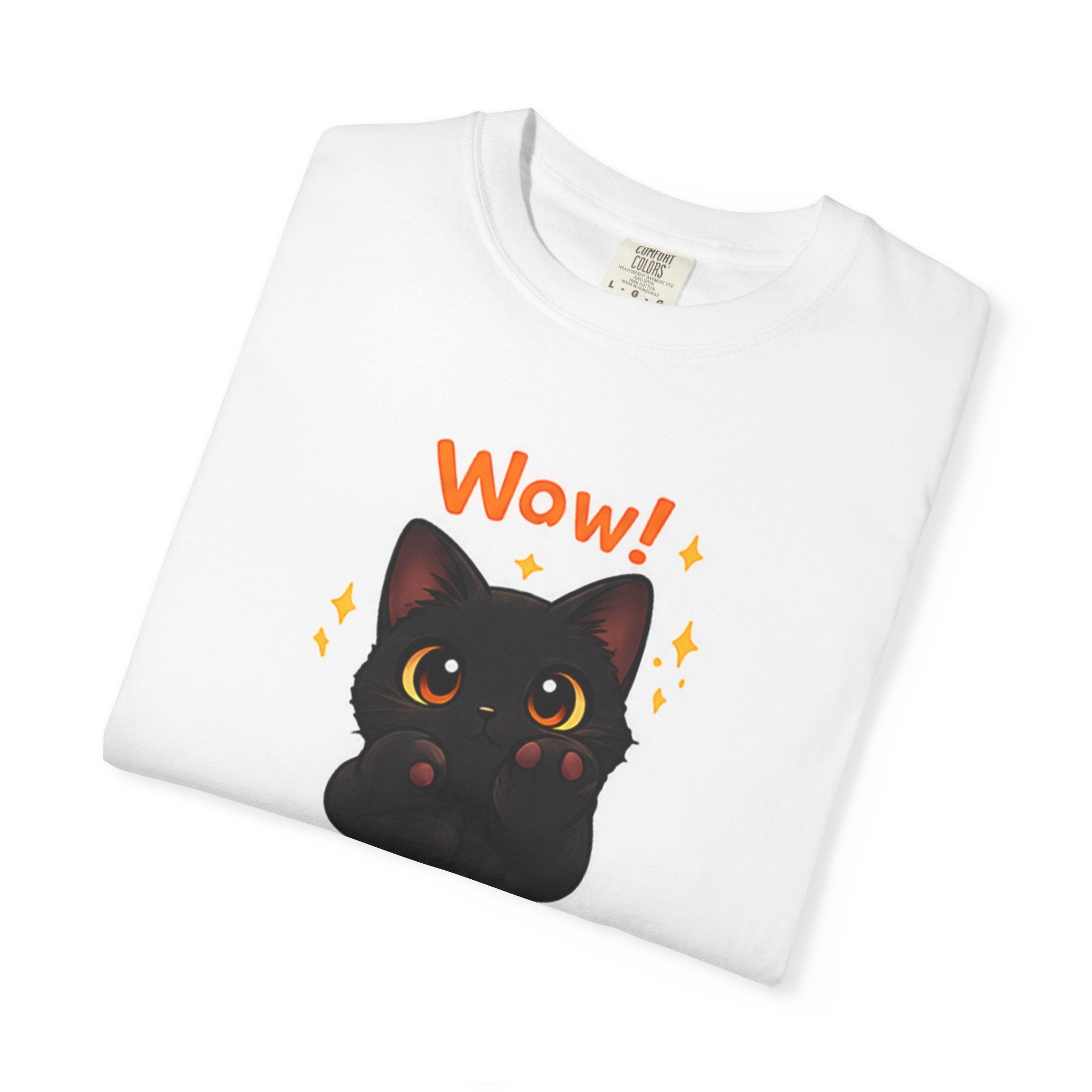Black cat T-shirt by Printify featuring a cute cat graphic on a casual black cotton T-shirt.