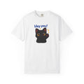 Black cat printed T-shirt from Printify featuring a playful cat design on a black cotton shirt.