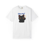 Black cat printed T-shirt from Printify featuring a playful cat design on a black cotton shirt.