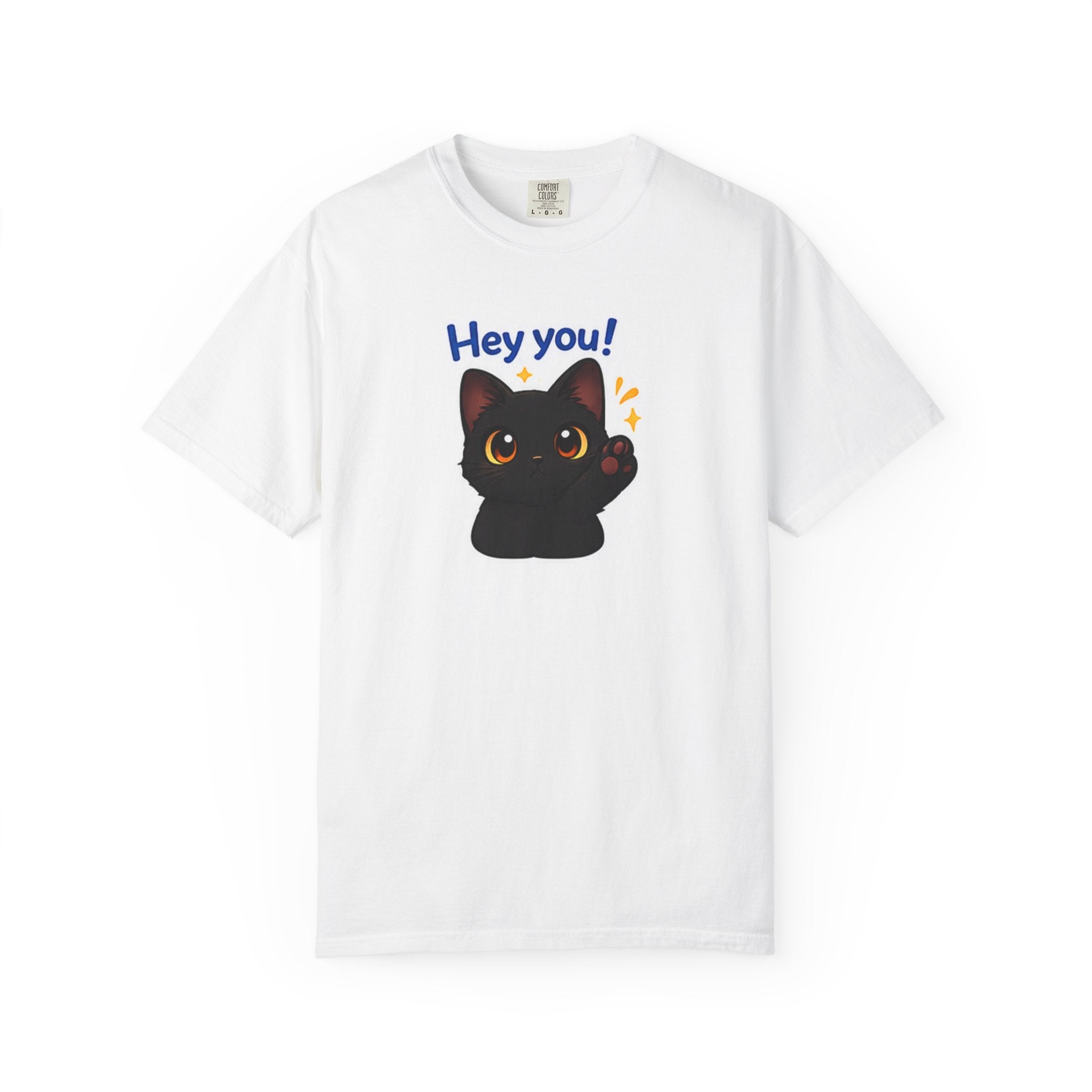 Black cat printed T-shirt from Printify featuring a playful cat design on a black cotton shirt.