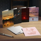 Set of 5 motivational greeting cards with inspiring quotes, printed on quality paper by Printify, displayed in the image.