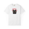 Black cat angry print T-shirt by Printify featuring a fierce feline design on a dark fabric background.