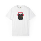 Black cat angry print T-shirt by Printify featuring a fierce feline design on a dark fabric background.