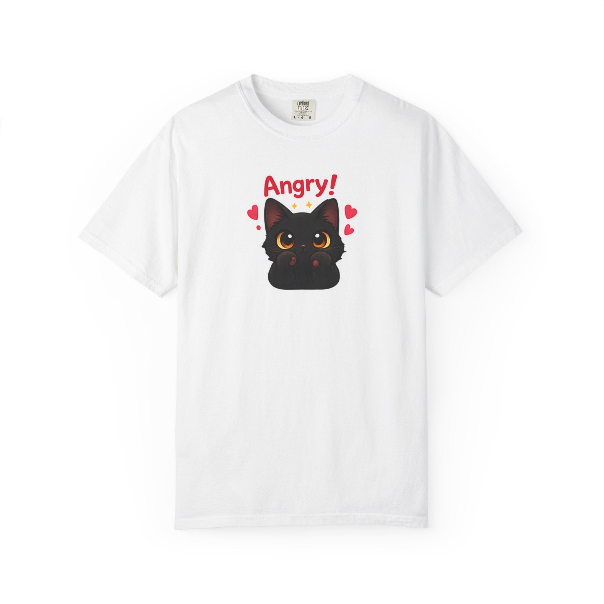 Black cat angry print T-shirt by Printify featuring a fierce feline design on a dark fabric background.