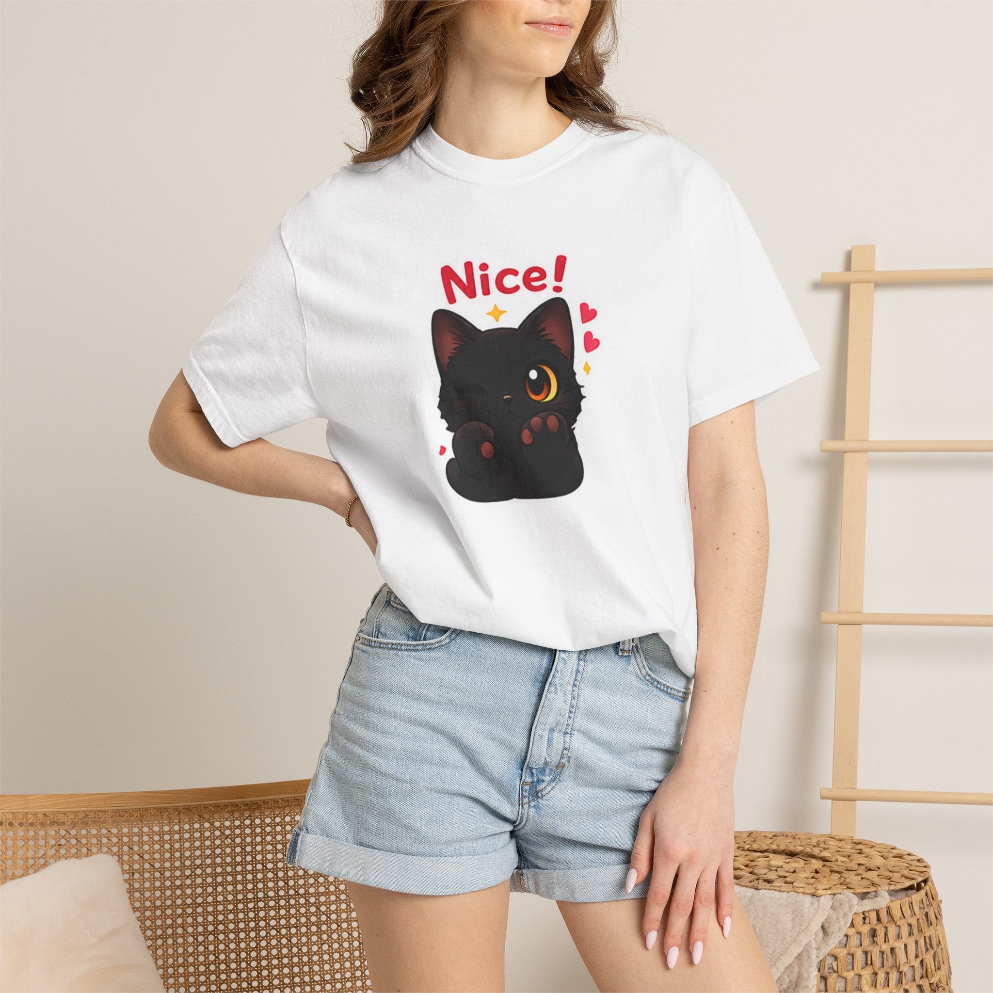 Winking black cat graphic T-shirt by Printify featuring a playful black cat with a wink on a casual black cotton tee