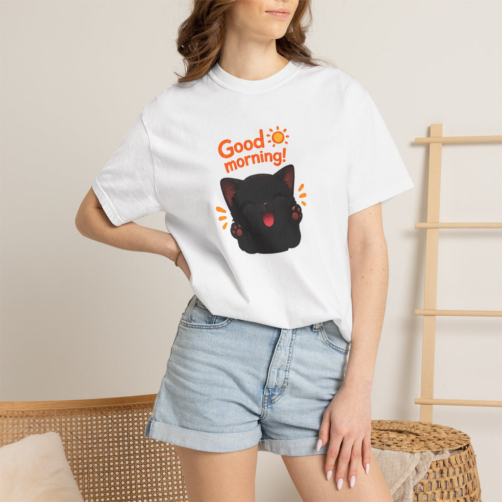 Black cat graphic T-shirt from Printify featuring a cute "Good Morning!" design on a black cotton tee.