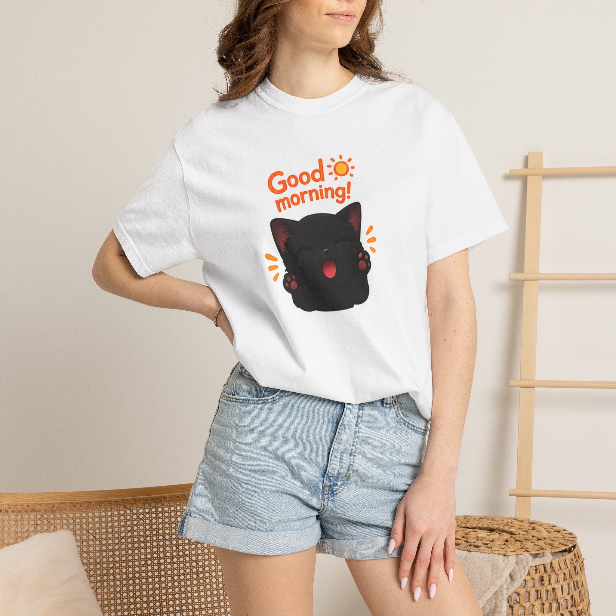 Black cat graphic T-shirt from Printify featuring a cute "Good Morning!" design on a black cotton tee.