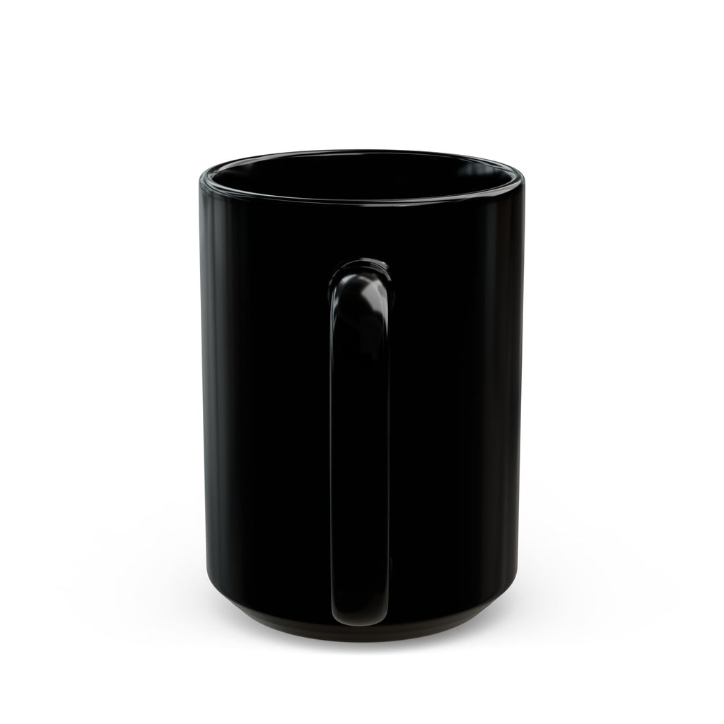 Black ceramic mug with inspirational quote about flowers and thoughts, perfect for coffee or tea.