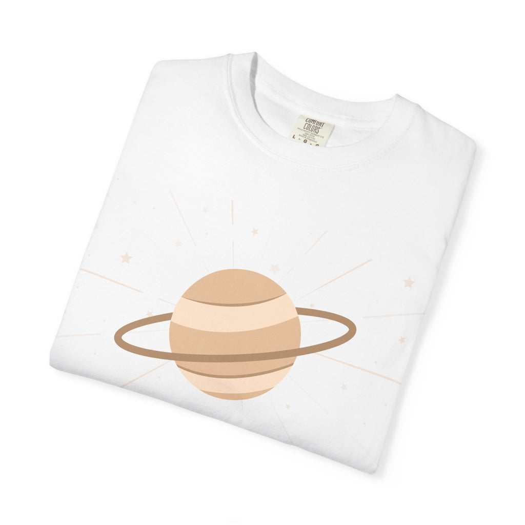 Black Saturday ruled by Saturn T-shirt from Printify featuring a cosmic Saturn design on soft cotton fabric.