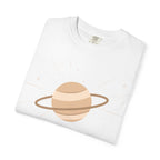 Black Saturday ruled by Saturn T-shirt from Printify featuring a cosmic Saturn design on soft cotton fabric.