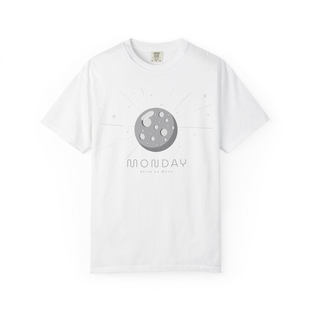 Monday ruled by Moon T-shirt by Printify featuring a celestial moon design on soft, comfortable fabric.