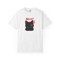 Black cat winking graphic T-shirt by Printify featuring a playful cat design on a black fabric background.