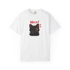 Black cat winking graphic T-shirt by Printify featuring a playful cat design on a black fabric background.