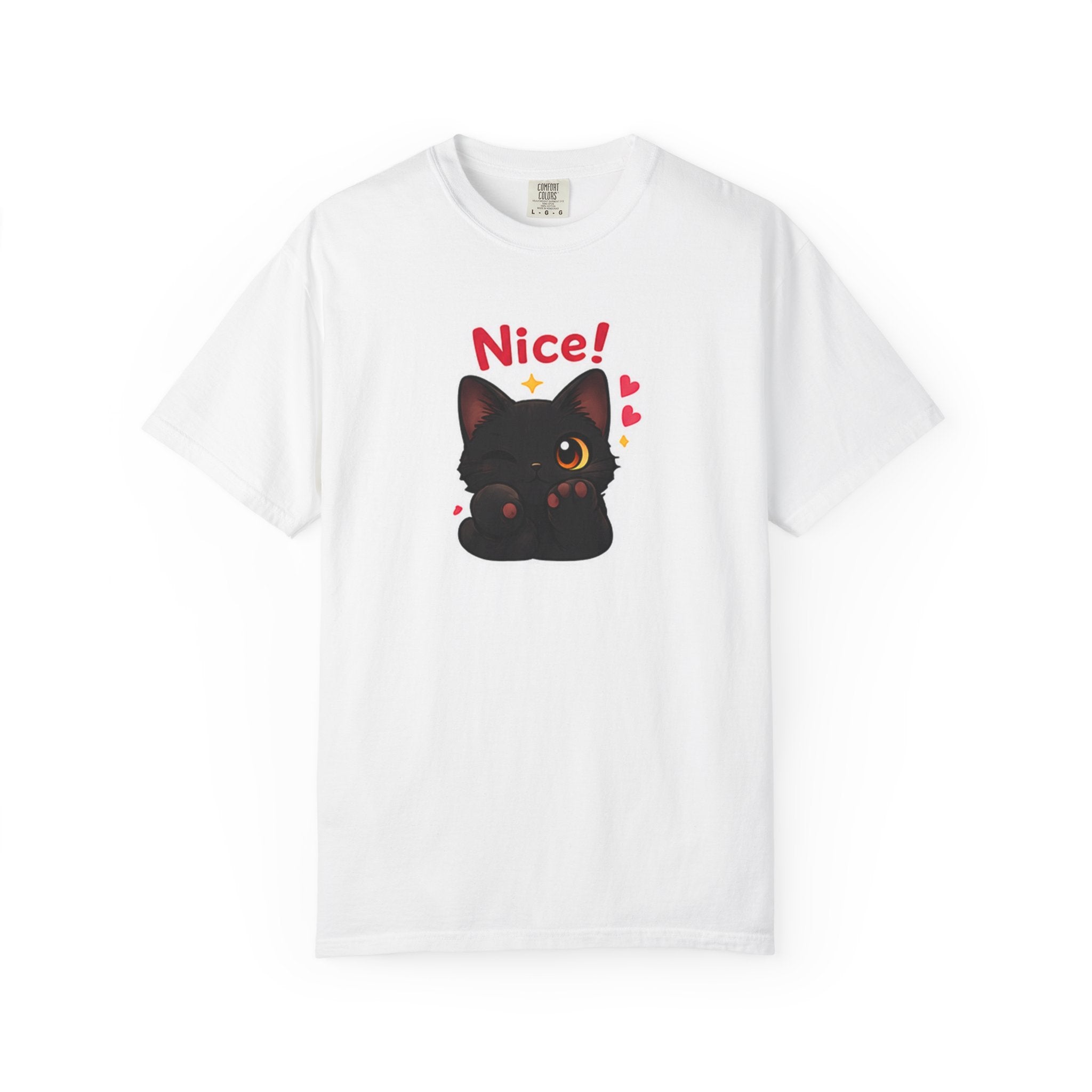 Black cat winking graphic T-shirt by Printify featuring a playful cat design on a black fabric background.