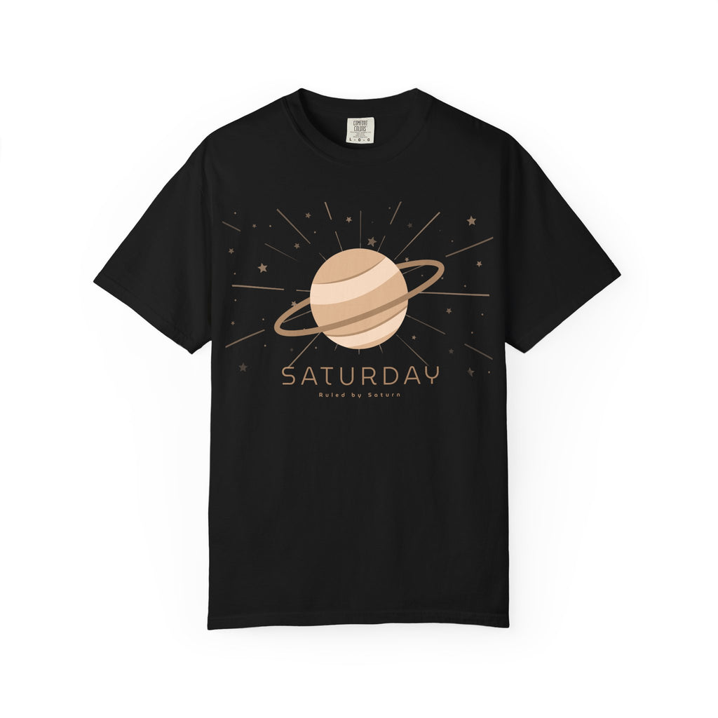 Black Saturday ruled by Saturn T-shirt by Printify, featuring celestial Saturn graphic on soft cotton fabric.