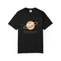 Black Saturday ruled by Saturn T-shirt by Printify, featuring celestial Saturn graphic on soft cotton fabric.