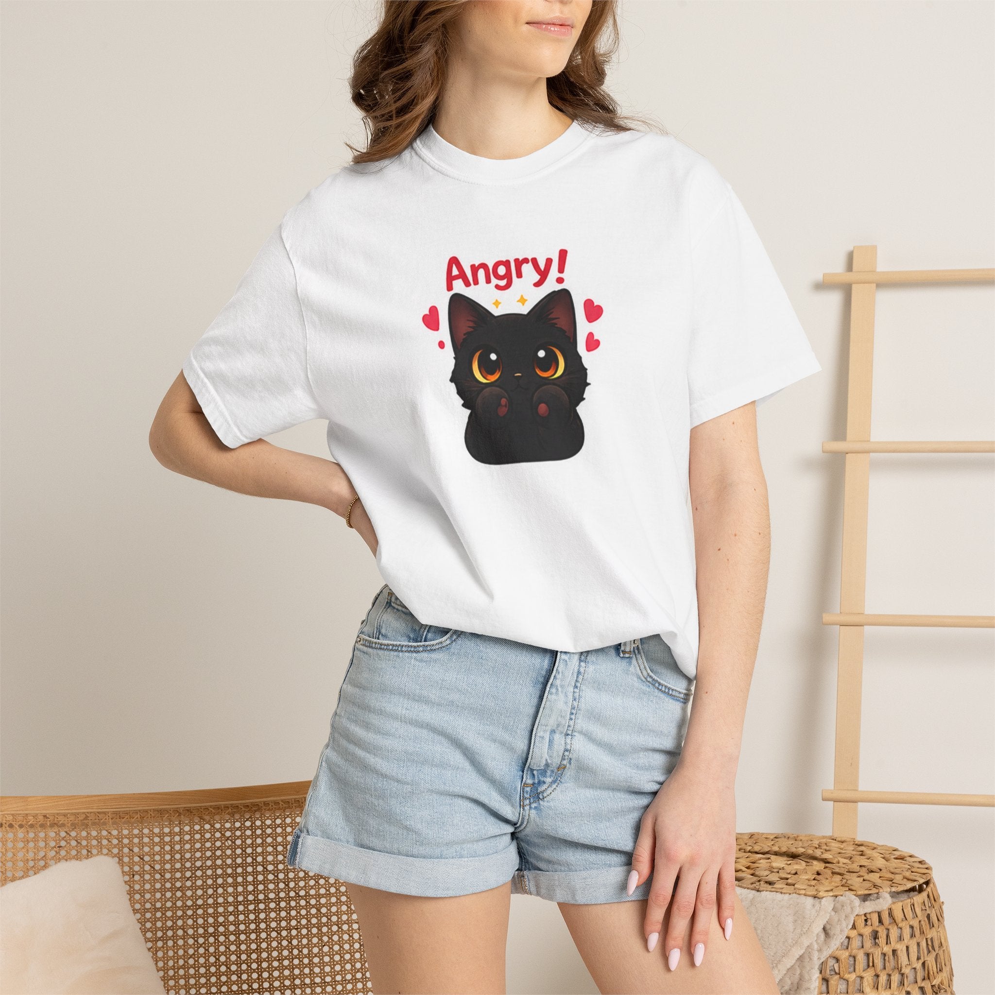 Black cat T-shirt with angry face print, casual short-sleeve design from Printify, featuring bold graphic artwork on the front.