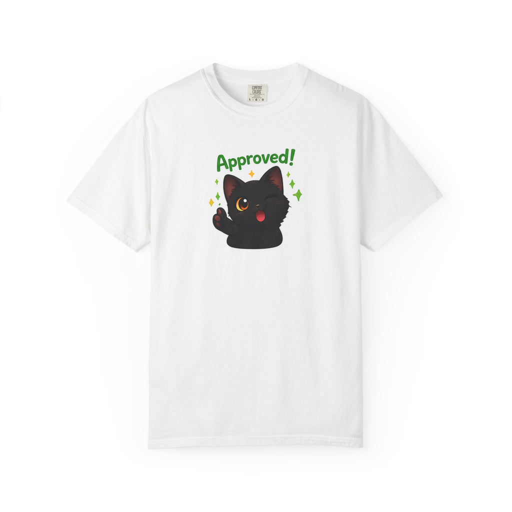 Black cat T-shirt from Printify featuring a cute cat design, made of soft fabric, displayed on a plain background.