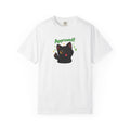 Black cat T-shirt from Printify featuring a cute cat design, made of soft fabric, displayed on a plain background.