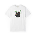Black cat T-shirt from Printify featuring a cute cat design, made of soft fabric, displayed on a plain background.